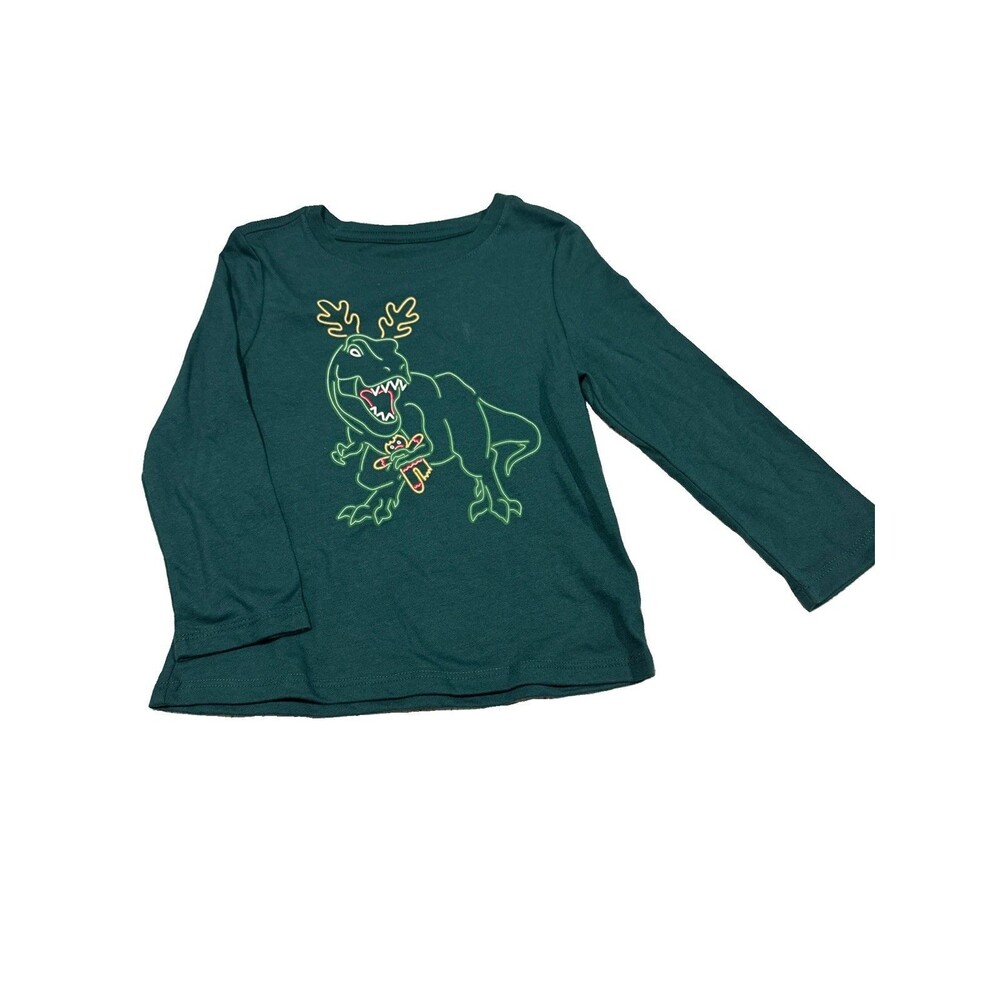 Long Sleeve  Dinosaur Christmas Green Holiday T-Shirt Size 3T
